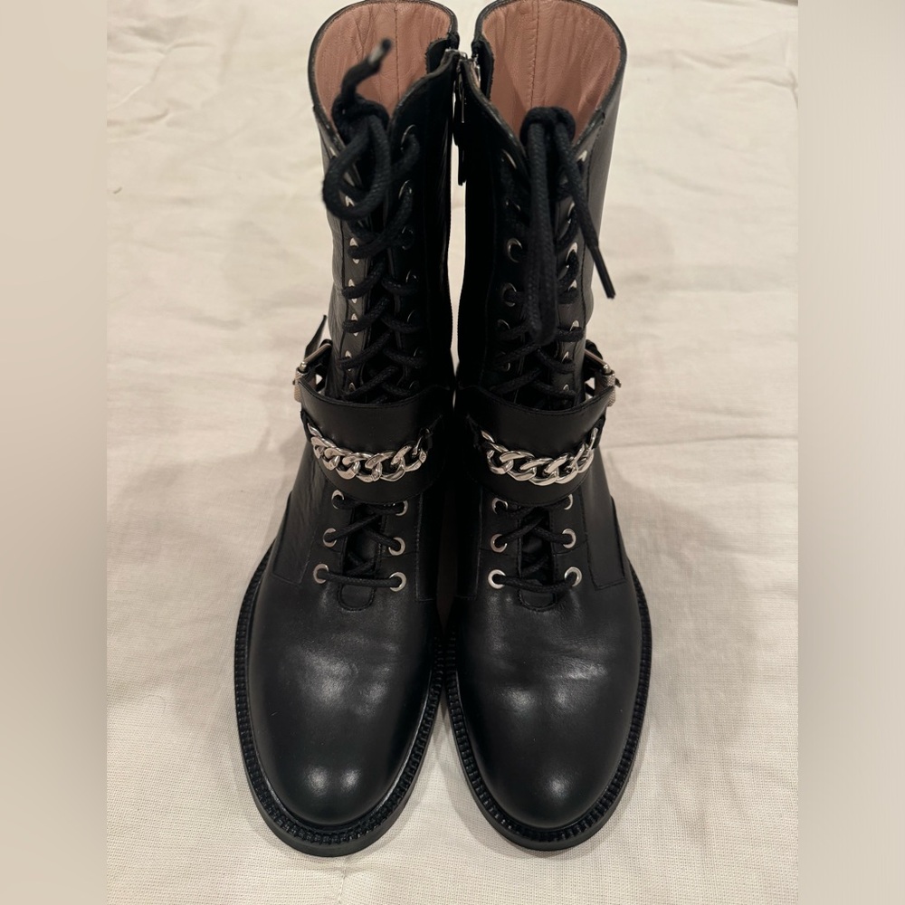 Black leather boots front buckle with chain size 42